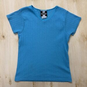 Vintage Y2K Women's XS Baby Tee Blue Ribbed V Neck Short Sleeve Shirt T-Shirt